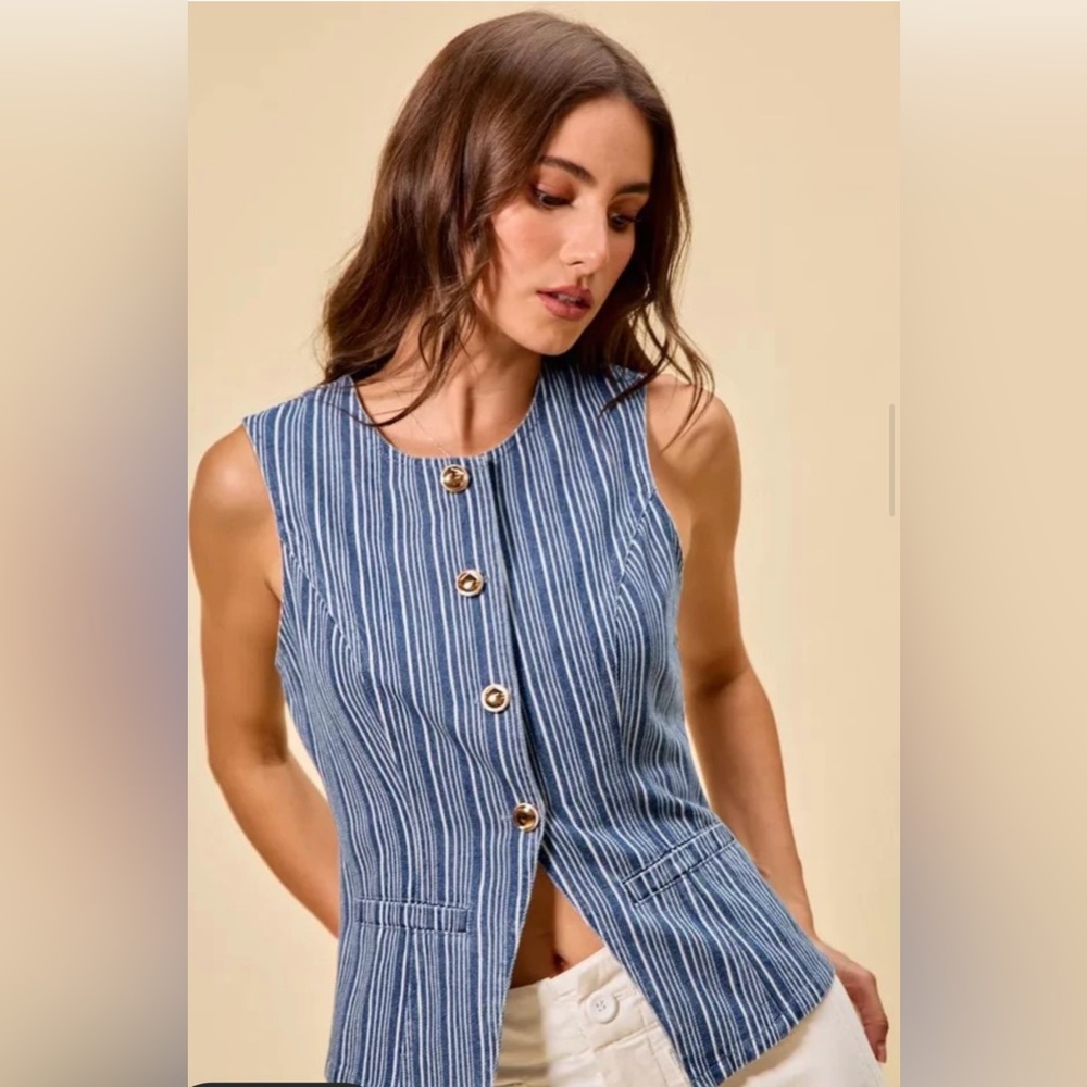 So Me Blue Striped Button-Front Vest